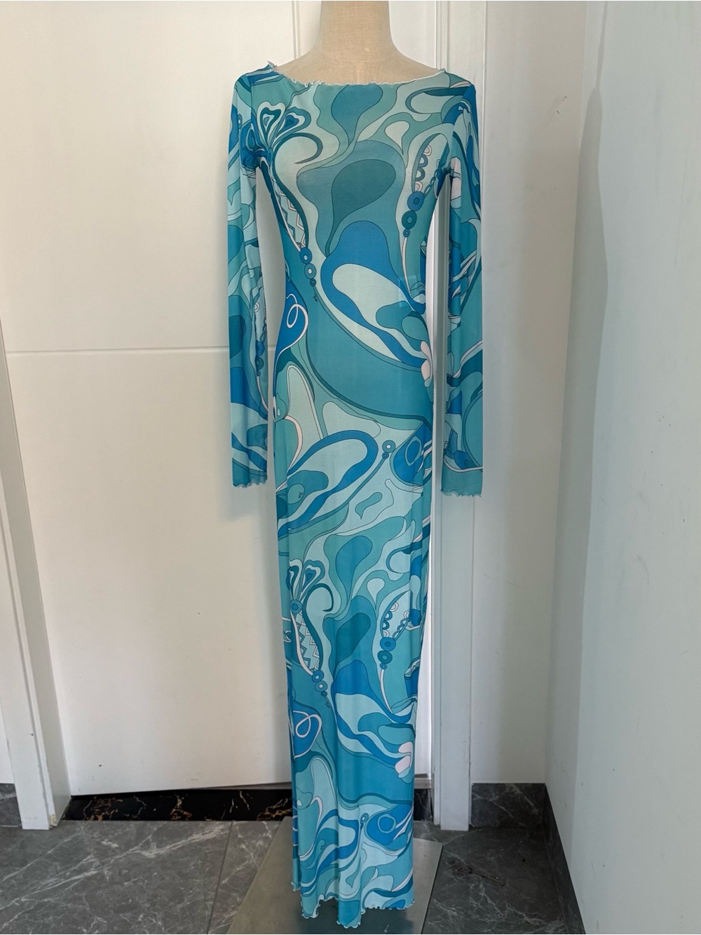 Emilio Pucci Turquoise and Aqua Printed Long-Sleeve Maxi Dress - Picture 2 of 10